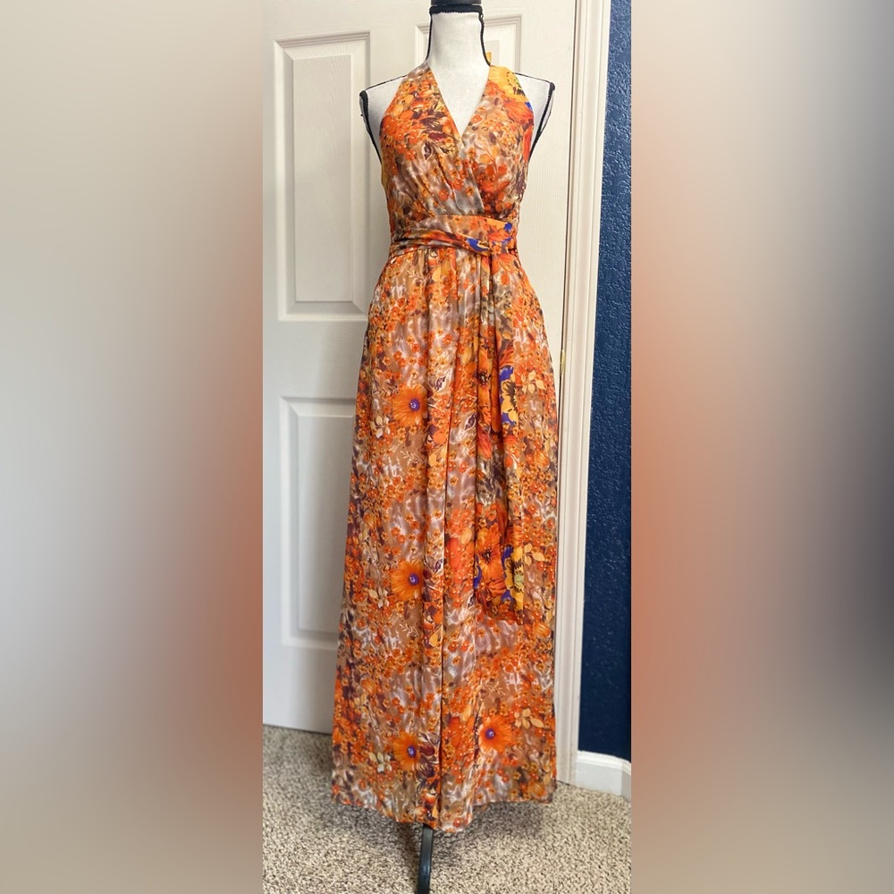 Elegant Orange Floral Maxi Dress